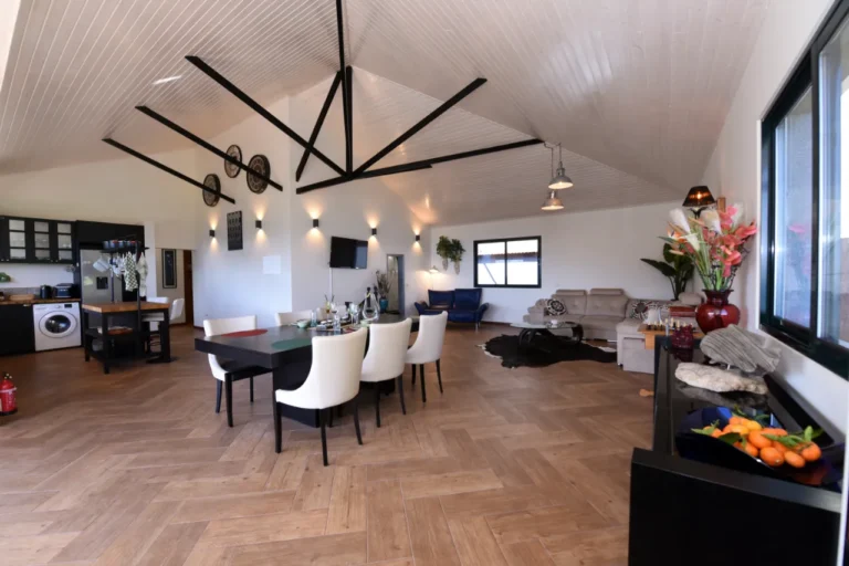 Lichte woonkamer met open keuken in vakantieappartement op Madeira